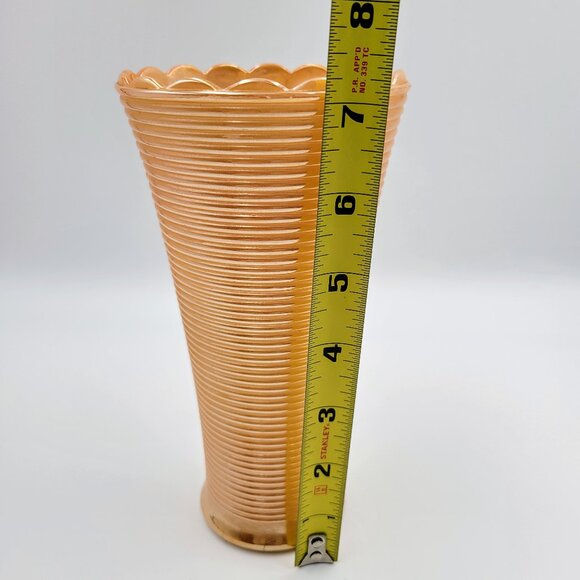 Vintage Peach Luster Fire King Milk Glass Vase With Ribbed Design Scalloped Edge - Picture 10 of 11
